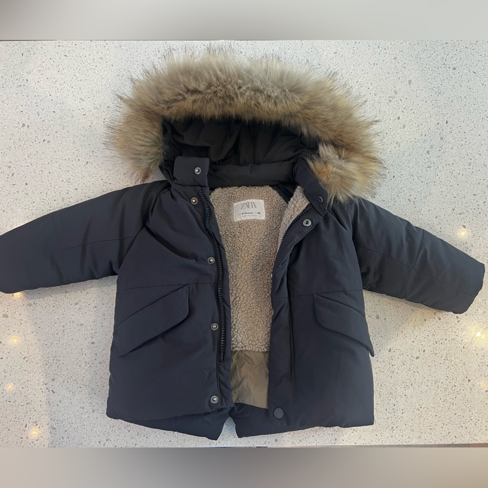 Zara Baby Dark Gray Charcoal Jacket with Cream Sherpa Lining